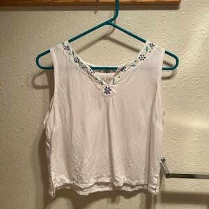 Nomadic Traders White Tank Top with Blue Embroidery